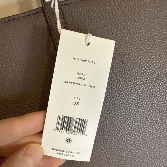 NWT AUTH NEW Tory Burch Women's McGraw Pebbled Leather Tote Bag In Silver Maple - Picture 3 of 5